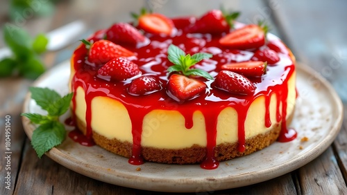 A delicious whole strawberry cheesecake with a dripping red glaze, fresh berries, and mint garnish on a rustic plate.