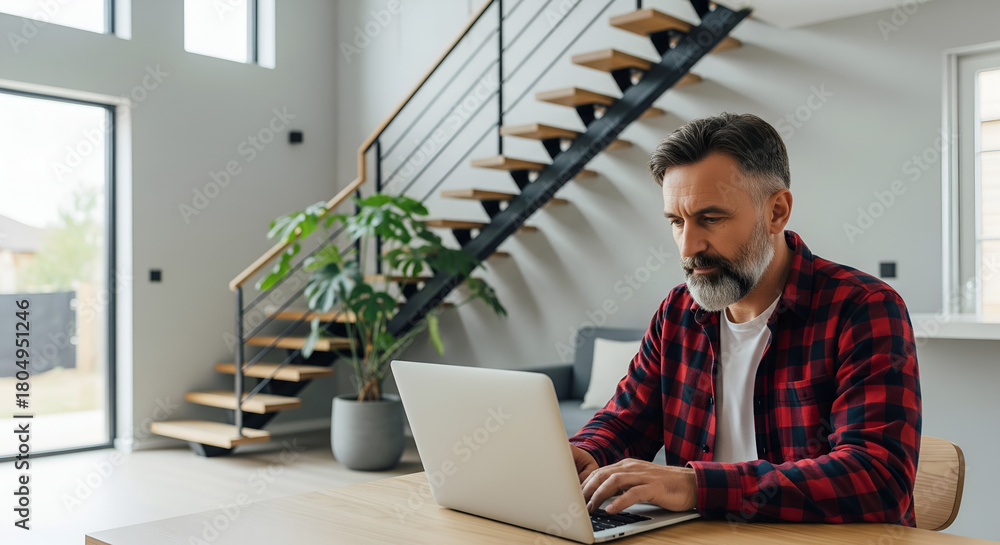 Fototapeta premium Middle-aged Man Working Remotely on Laptop at Home