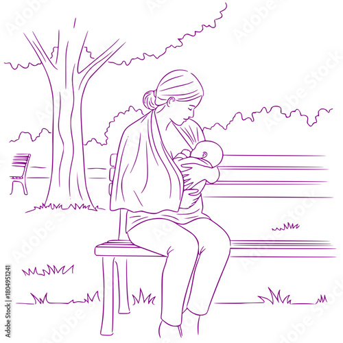 Mother breastfeeding baby while sitting on a bench in a park  