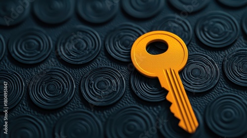 A vibrant orange key rests on a textured black surface, featuring circular patterns, symbolizing access and security.