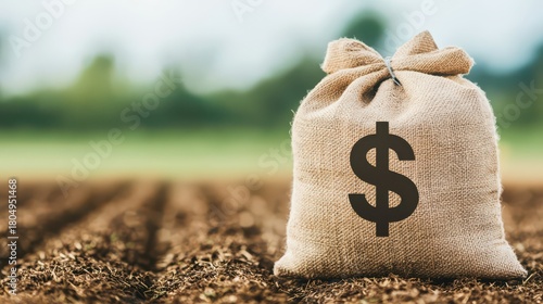 A burlap sack with a dollar sign sits on freshly plowed soil, symbolizing agriculture and finance's connection.