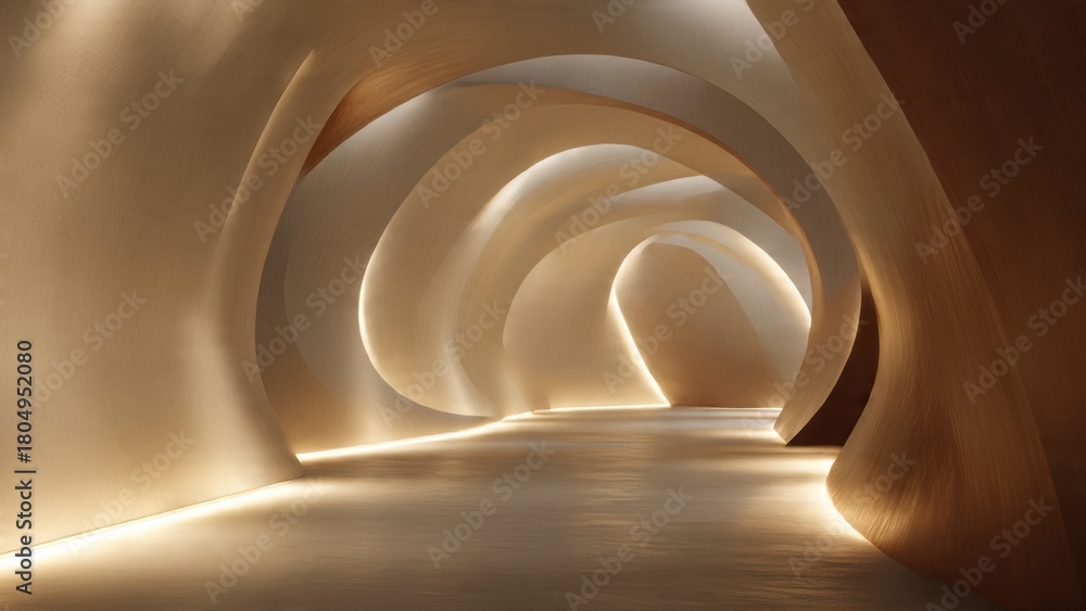 Naklejka premium Continuous abstract tunnel with sculpted curves, subtle lighting transitions, and a harmonious flow. 