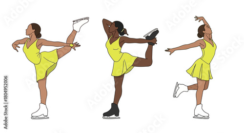 Elegant figure skater performing graceful poses in bright yellow dress for ice skating enthusiasts and athletic lifestyle brands, demonstrating athletic skill