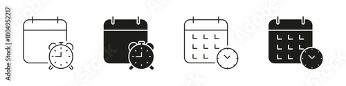 Calendar With Clock Solid Icon Set. Time Management, Scheduling, And Event Planning Outline And Silhouette Symbol. Efficient Organization And Deadline Tracking. Isolated Vector Illustration