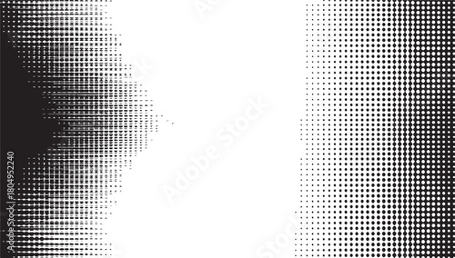 Abstract black and white halftone dot pattern with a central vertical split and varying density background