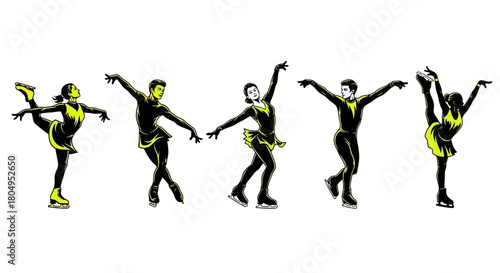 Dynamic figure skaters performing elegant routines on ice, showcasing athleticism and artistry in bright lighting, perfect for sports or entertainment concepts
