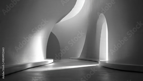 Conceptual architectural chamber with ribbon-like forms, luminous diffusion, and impeccable symmetry.
