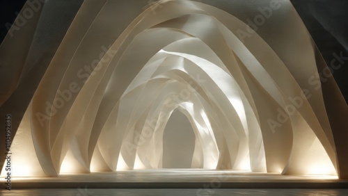 Conceptual architectural chamber with ribbon-like forms, luminous diffusion, and impeccable symmetry.

