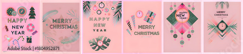 A collection of six festive holiday themed cards with new year and christmas greetings displayed