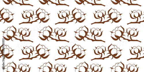 Seamless pattern with cotton branch in a simple line art style. Design on white background for textile, card and bed linen.