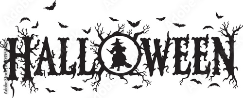 Black silhouette of the word Halloween with a witch in a circle and bats and branches text lettering