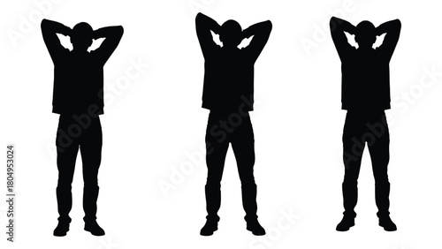Three silhouettes of a person with hands behind head isolated on white background, Vector