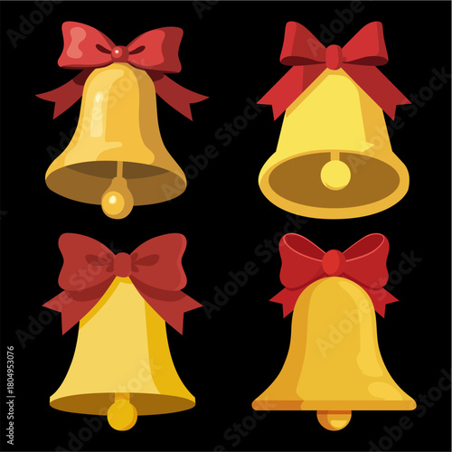 navida, campana, decoraciones, vacaciones, dorada, arco, celebraciones, cinta, adorno, jingle, objeto, de invierno, brillante, ilustración, ciclos, diciembre, árbol, designio, vector, rojo, símbolo