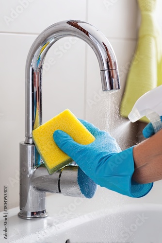A woman polishing a faucet with a sponge and spraying detergent.