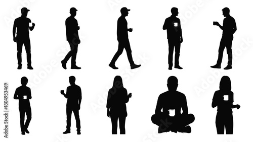 Diverse people silhouettes with cups isolated on white background, Vector