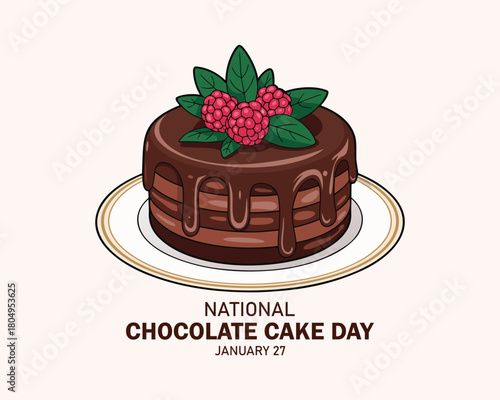 National Chocolate Cake Day poster vector illustration. Whole round chocolate cake with raspberries icon vector. Template for background, banner, card, poster. January 27