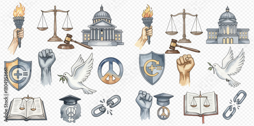 Watercolor collection of justice, freedom, peace, and human rights symbols including torches, scales, gavels, capitol buildings, raised fists, doves, and broken chains.
