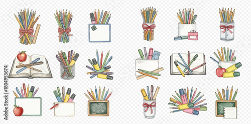 A comprehensive collection of watercolor illustrations depicting various school and art supplies, including pencils, pens, markers, books, and apples.