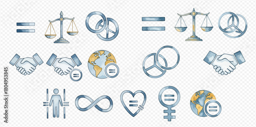 A collection of silver-toned icons representing equality, justice, peace, human rights, and gender equality on a transparent background.