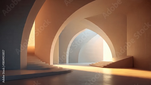 Abstract hall with sweeping curved structures, soft ambient light, and clean geometric layering in a refined minimal style.