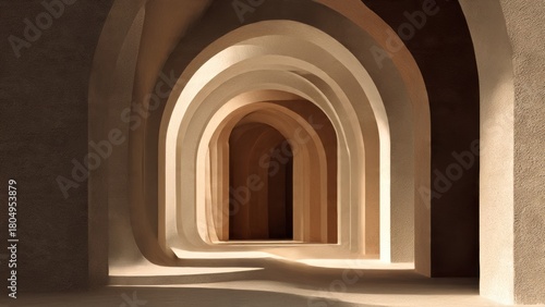 Abstract hall with sweeping curved structures, soft ambient light, and clean geometric layering in a refined minimal style.