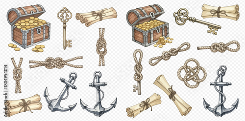 A collection of vintage pirate and nautical themed items including treasure chests, keys, scrolls, rope knots, and anchors.