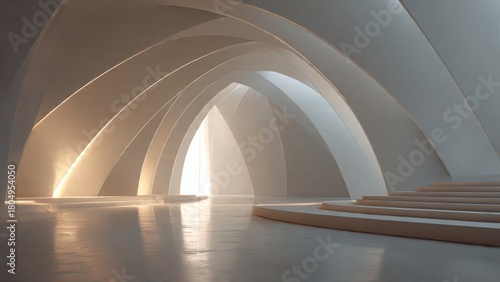 Abstract hall with sweeping curved structures, soft ambient light, and clean geometric layering in a refined minimal style.