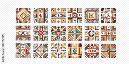 Collection of diverse geometric ethnic patterns with tribal motifs in earthy colors.