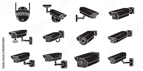 Collection of black glyph icons representing CCTV and video surveillance systems. Set of security camera pictograms for safety and monitoring concepts
