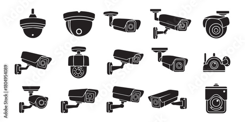 Collection of black glyph icons representing CCTV and video surveillance systems. Set of security camera pictograms for safety and monitoring concepts