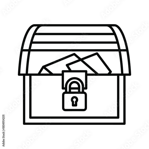 Open treasure chest with padlock containing valuable items line art