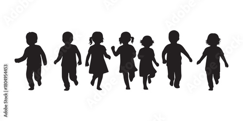 Silhouette of Four Children Holding Hands vector, Four children silhouettes running in a row vector illustration,Black and White Silhouettes of Four Children,set of four kids jumping,childhood,Ai