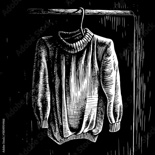 Black and white drawing of a sweater hanging on a clothes rack