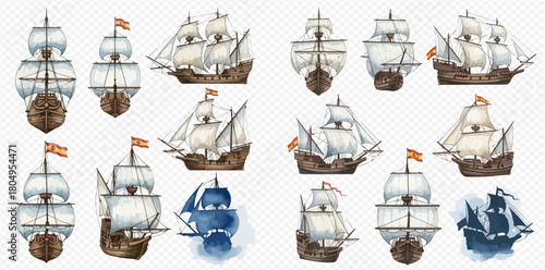 Watercolor collection of vintage sailing ships and galleons from different perspectives, featuring historical vessels with white sails and brown hulls.