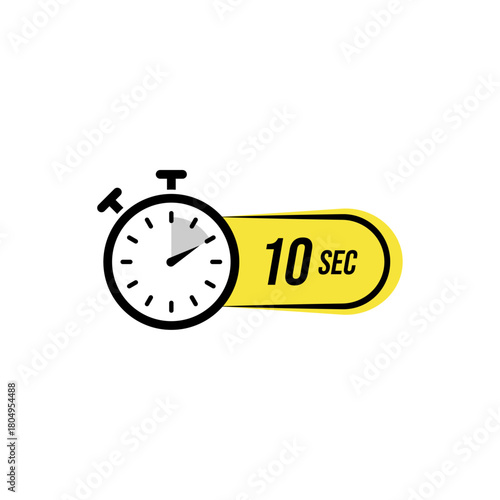 Minimal stopwatch illustration showing a ten-second indicator with a yellow label, representing fast timing, short countdowns, quick tasks, and efficient time tracking in a clean vector style.