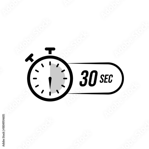 Minimal vector stopwatch icon showing a thirty-second countdown with a shaded dial segment and bold numeric label, representing quick timing intervals, fast tasks n precise short-duration measurement.