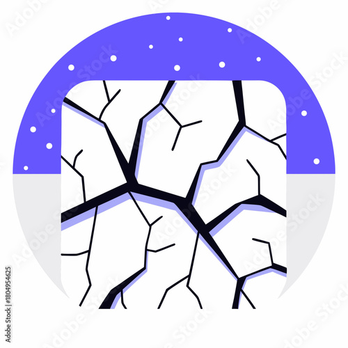 Cracked earth pattern in a circle against a snowy blue background