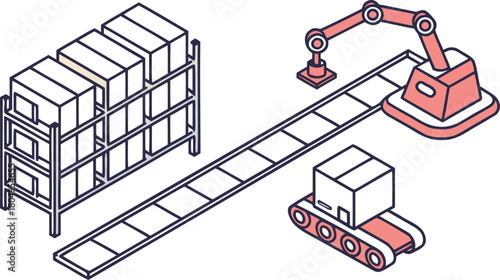 Isometric illustration of a warehouse with a robotic arm and conveyor belt