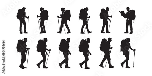 Silhouette of hiker. Collection of male and female hiker. mountaineer climber hiker people, vector silhouette collection. hiking man and woman with rucksack silhouette. Backpacker and climber people.