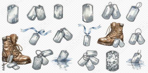 Watercolor collection of military dog tags and combat boots, featuring various arrangements and styles, some with ribbons or partially submerged in water.