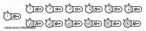 A complete collection of stopwatch icons showing time intervals from zero to sixty minutes, featuring clean dial graphics and minute labels for timing, scheduling, countdowns, and productivity uses.