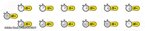 A set of stopwatch icons displaying different minute intervals, arranged in a horizontal sequence with yellow labels showing times from zero to sixty minutes for timing, scheduling or duration concept