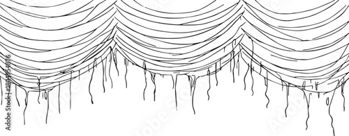 Hand Drawn Black And White Abstract Draped Fabric Pattern With Hanging Strands On White Background