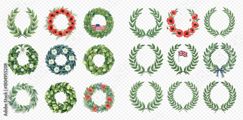 Diverse collection of watercolor wreaths featuring green leaves, red poppies, daisies, and national flags.