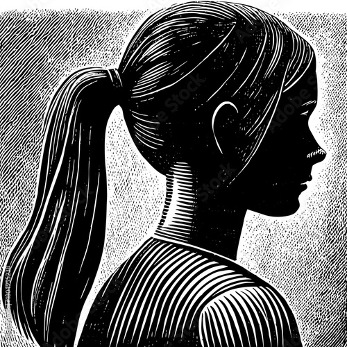 Monochrome woodcut illustration of a girl with ponytail in profile view