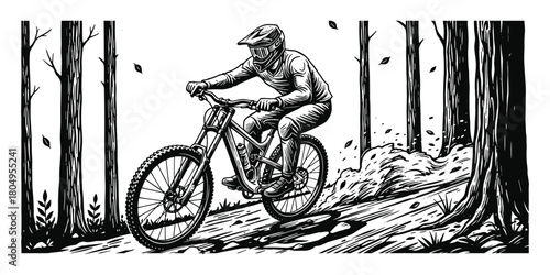 Mountain Biker Isolated Black And White Vector Illustration, Extreme MTB Downhill Illustration with Mountain Landscape, Vintage Linocut Artwork