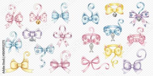Watercolor illustration set of pastel bows and decorative pet collars with bells and charms.