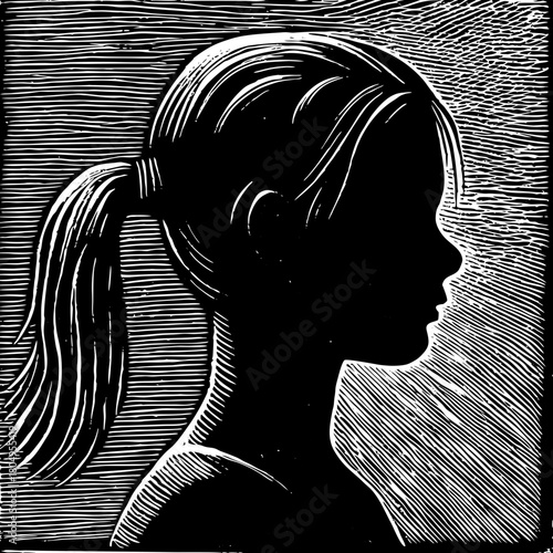Silhouette woodcut illustration of a girl with ponytail in profile view