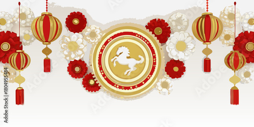 Elegant chinese new year decoration with red and gold lanterns flowers and a horse symbol