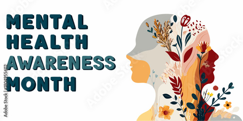 Mental health awareness month concept with abstract floral profiles representing inner growth and well being